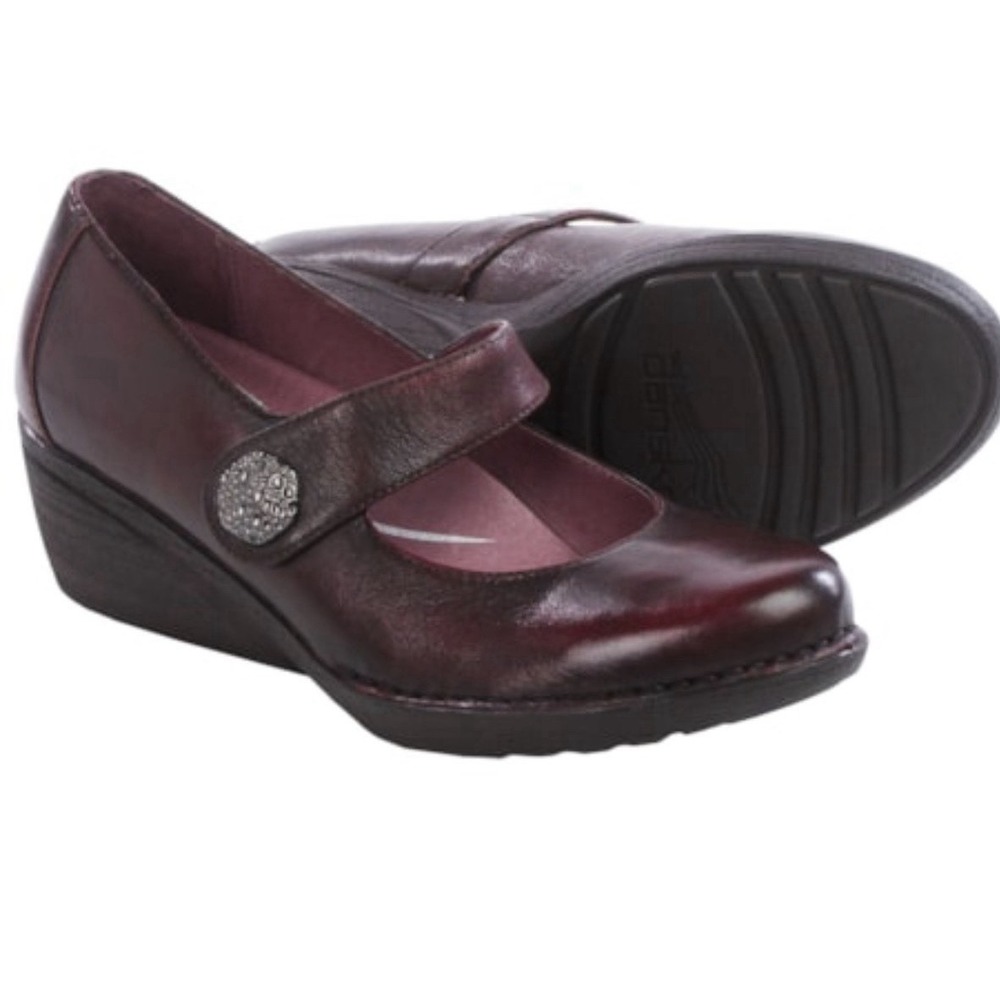 Dansko Womens Adelle Mary Jane Shoes Size 36 6 Burgundy Red Leather Wedge‎ Heels